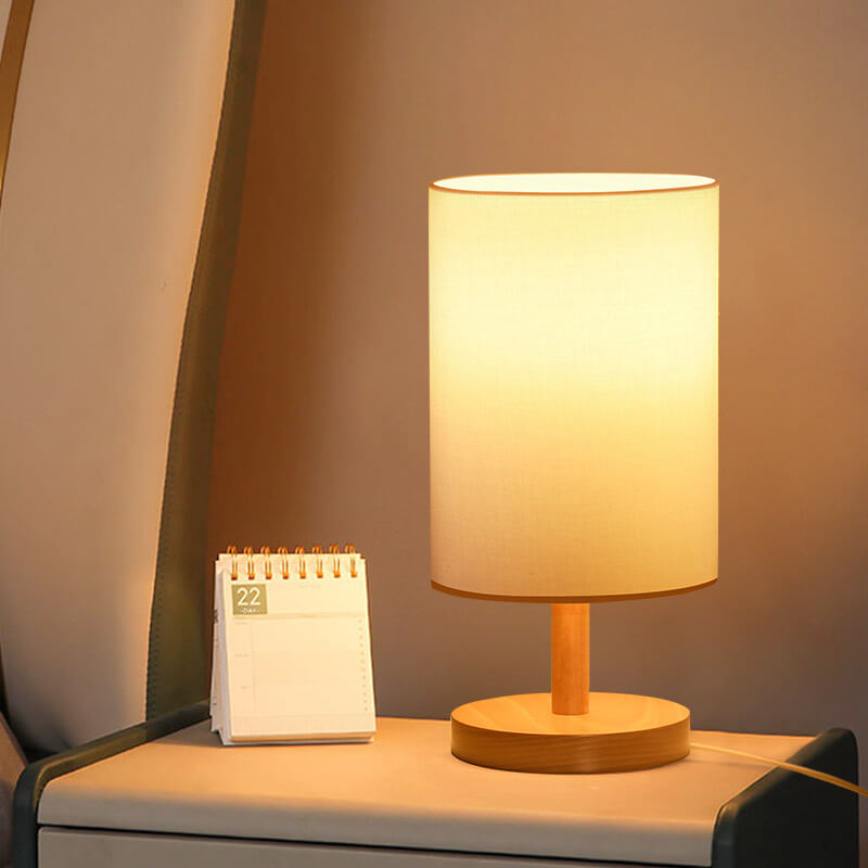 Custom Bedside Mini Wood Base Desk Table Lamp with Fabric Shade