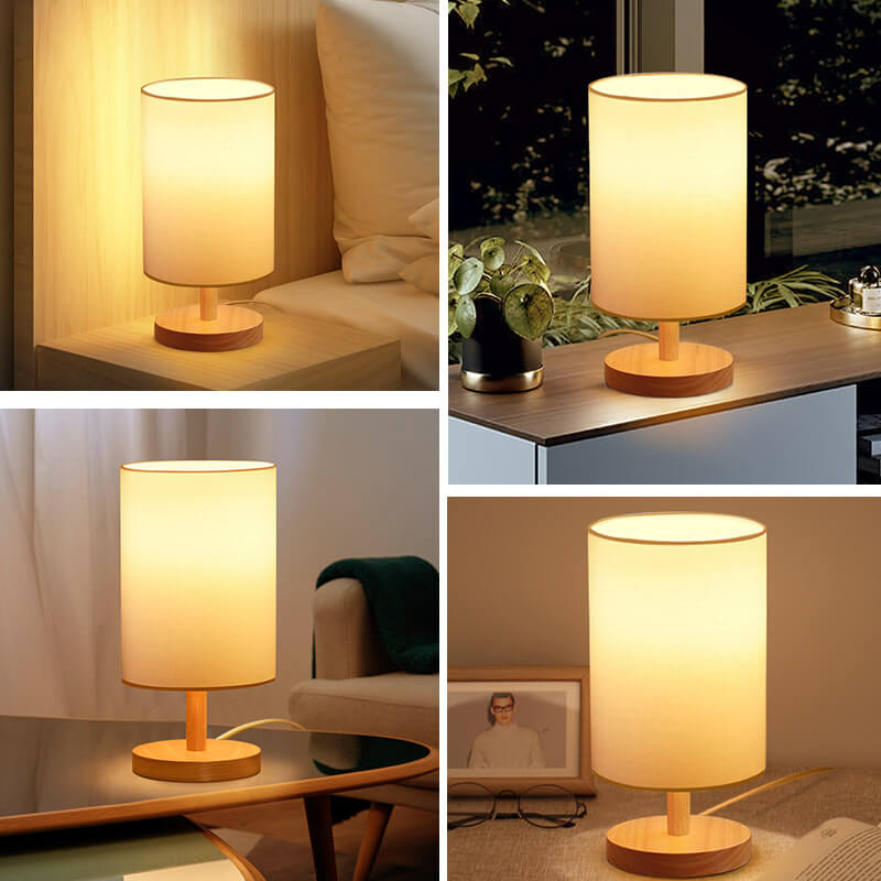 Custom Bedside Mini Wood Base Desk Table Lamp with Fabric Shade