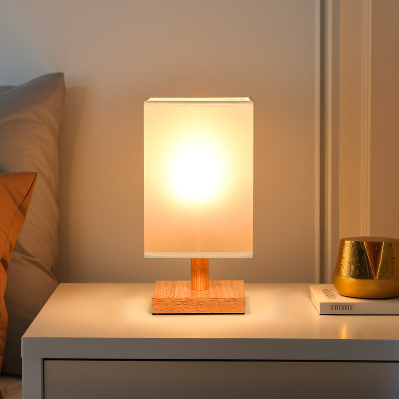 Modern Wooden Base Square Fabric Shade Table Lamp