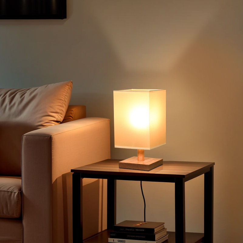 Modern Wooden Base Square Fabric Shade Table Lamp