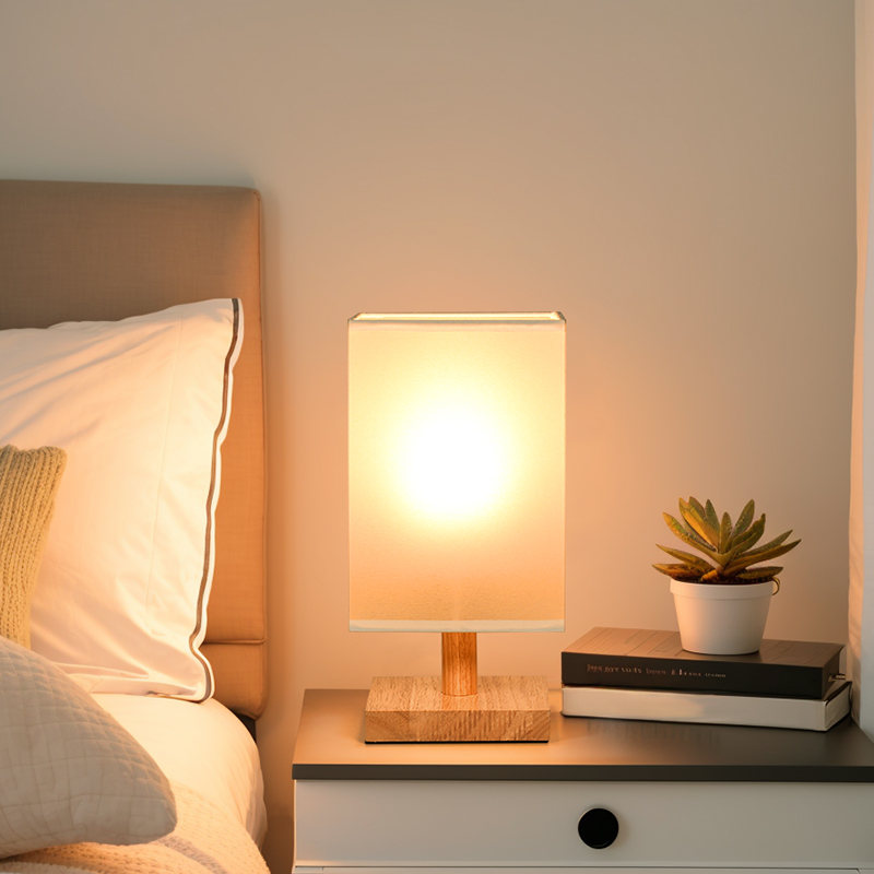 Modern Wooden Base Square Fabric Shade Table Lamp