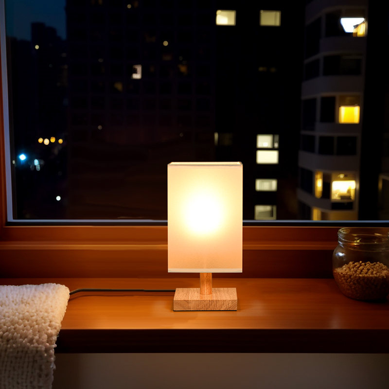 Modern Wooden Base Square Fabric Shade Table Lamp