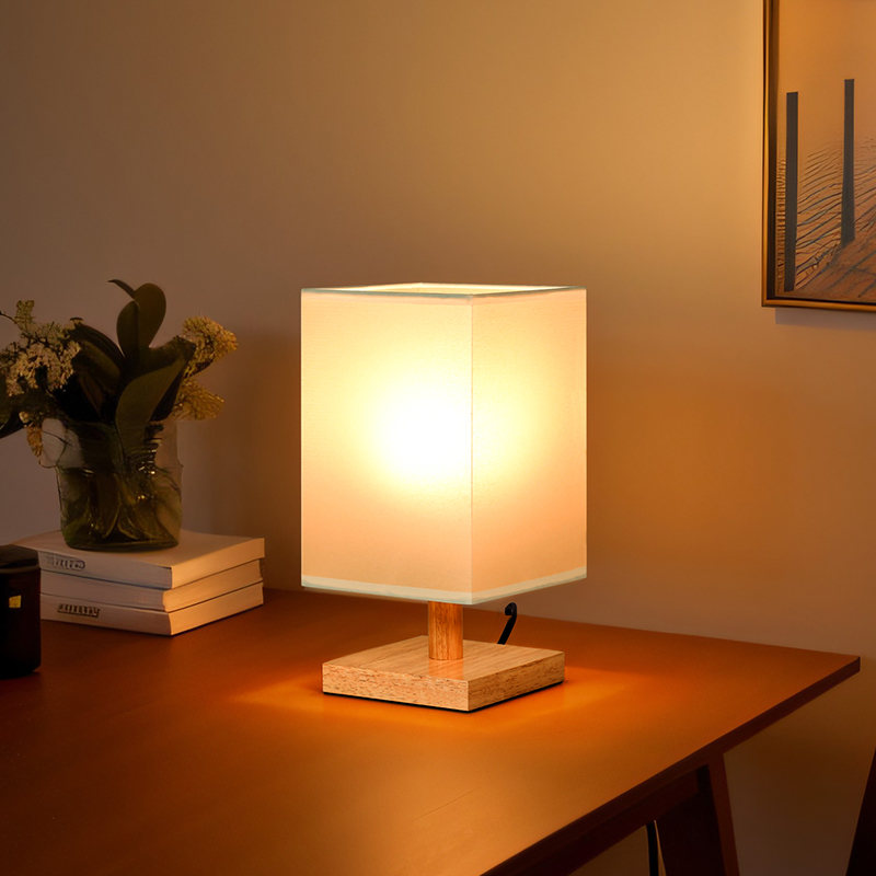 Modern Wooden Base Square Fabric Shade Table Lamp