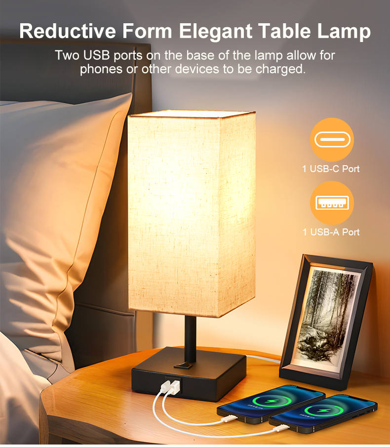 Metal Table Lamp with Fabric Shade and USB Charging Port | Light Venus