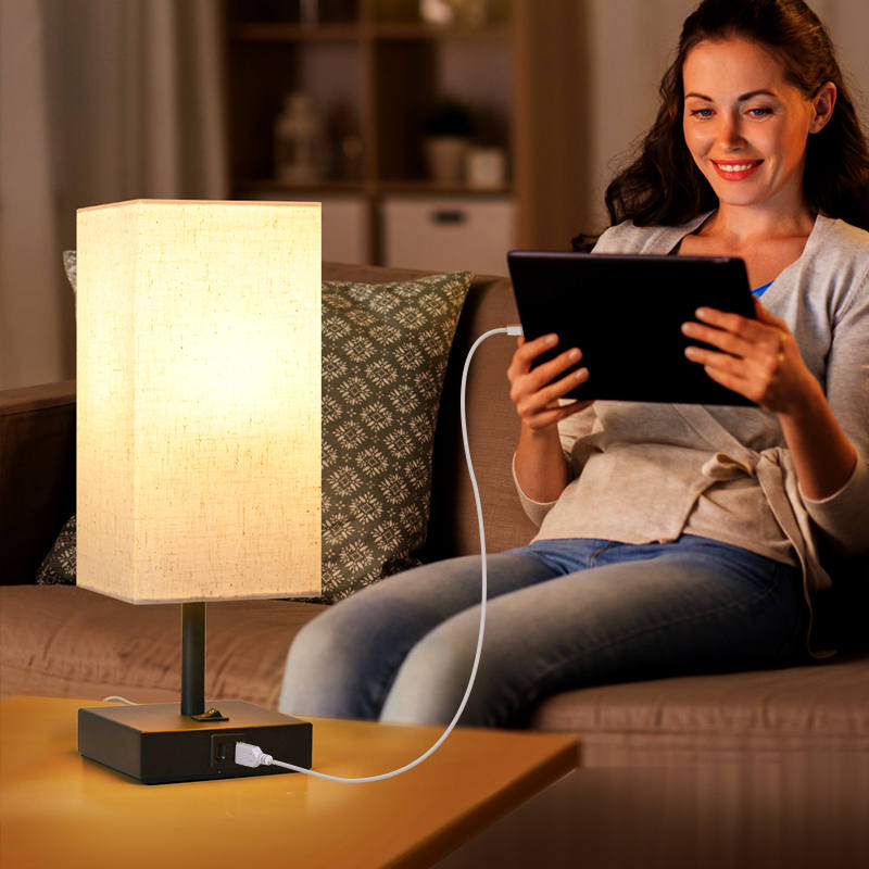 Metal Table Lamp with Fabric Shade and USB Charging Port