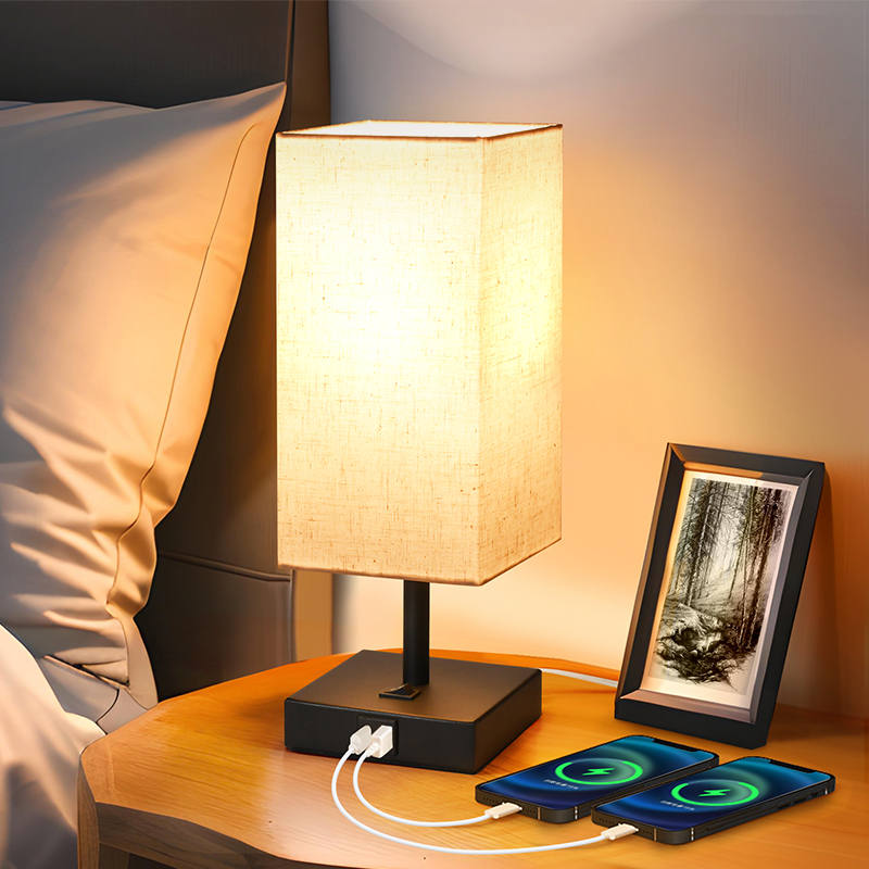 Metal Table Lamp with Fabric Shade and USB Charging Port