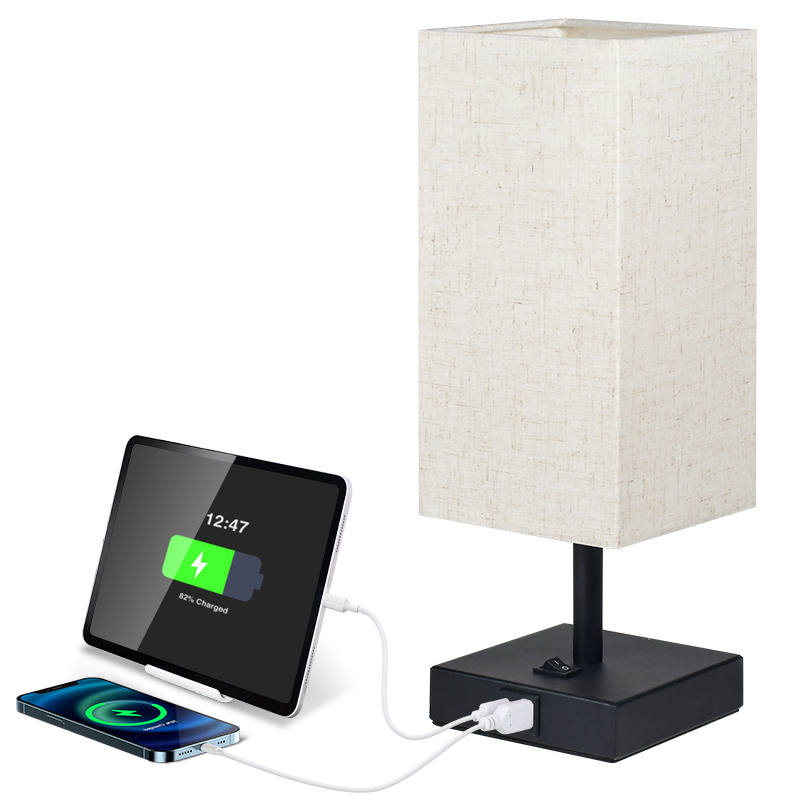 Metal Table Lamp with Fabric Shade and USB Charging Port