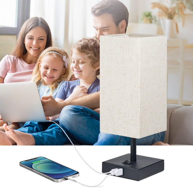 Metal Table Lamp with Fabric Shade and USB Charging Port