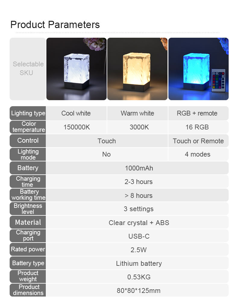 Cordless RGB LED Crystal Table Lamp