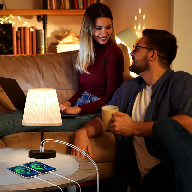 Metal Base Pleat Shade Table Lamp with Dual USB Charging Ports