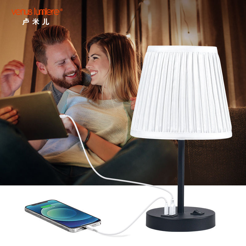 Metal Base Pleat Shade Table Lamp with Dual USB Charging Ports