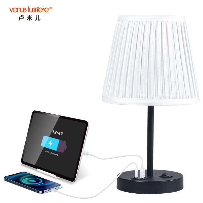 Metal Base Pleat Shade Table Lamp with Dual USB Charging Ports